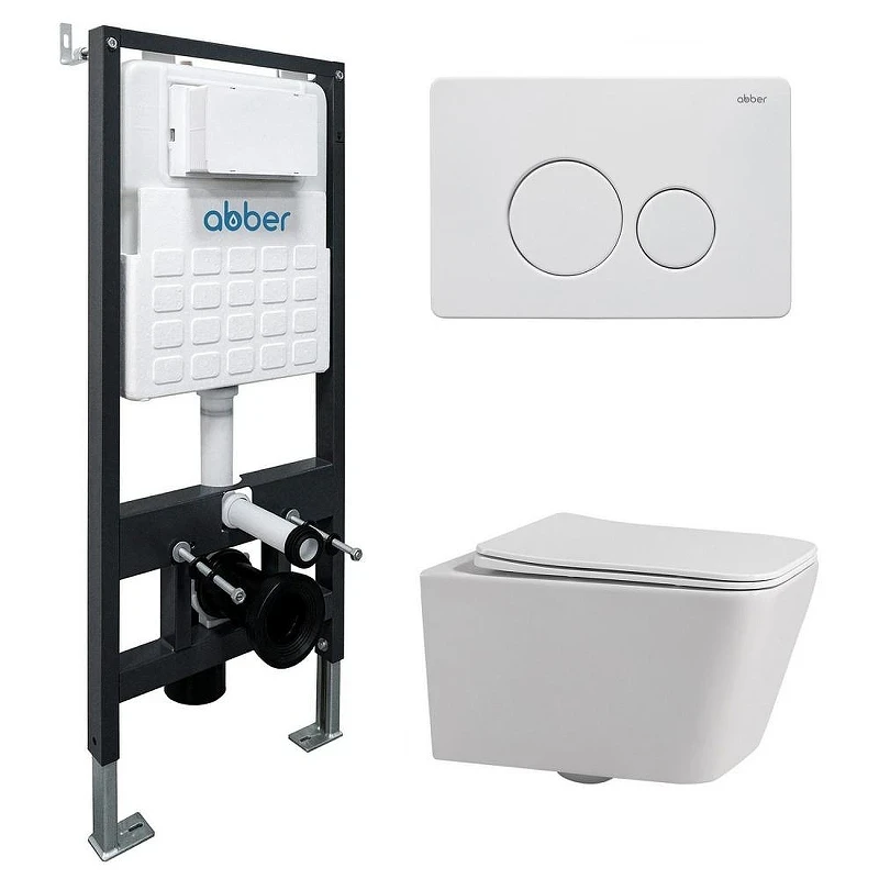 Комплект унитаза Abber Rechteck AC1201-AC0105-AC0121MW с сиденьем Микролифт и клавишей смыва цвет Белая матовая