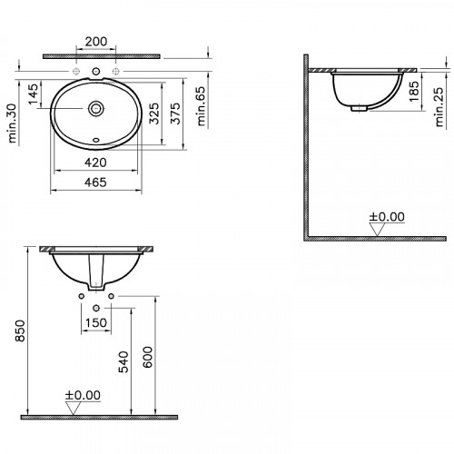 Раковина Vitra Arkitekt 59 6069B003-0012 Белая фарфор встраиваемый