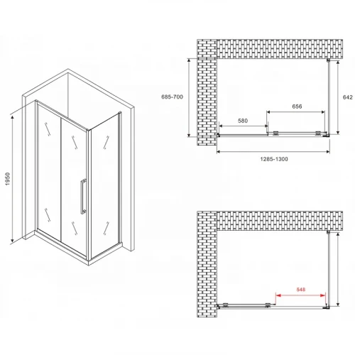 Душевой уголок Abber Schwarzer Diamant 130x70 AG30130BMH-S70BM профиль Черный стекло матовое