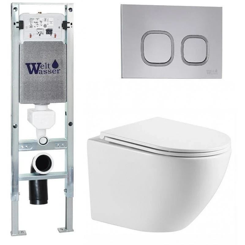 Комплект унитаза с инсталляцией WeltWasser AMBERG 350 ST + MERZBACH 043 MT-WT + AMBERG RD-CR 10000011406 цвет Белый матовый с сиденьем Микролифт и клавишей смыва цвет Хром