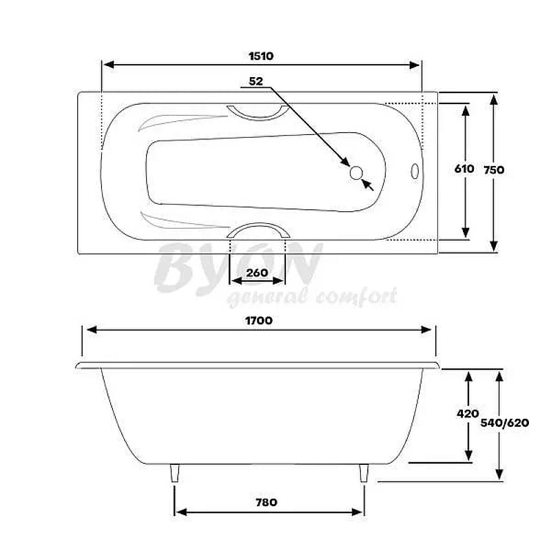 Чугунная ванна Byon B15 170x75 V0000221 с ручками с антискользящим покрытием