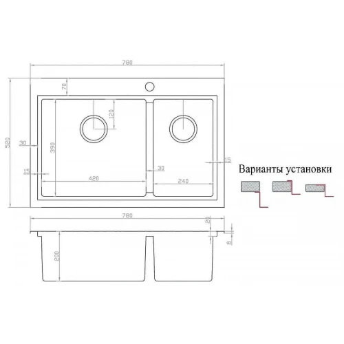 Кухонная мойка ZorG Master 78 ZM N-78-2-52-L GRAFIT с накладками Графит нержавеющая сталь встраиваемый
