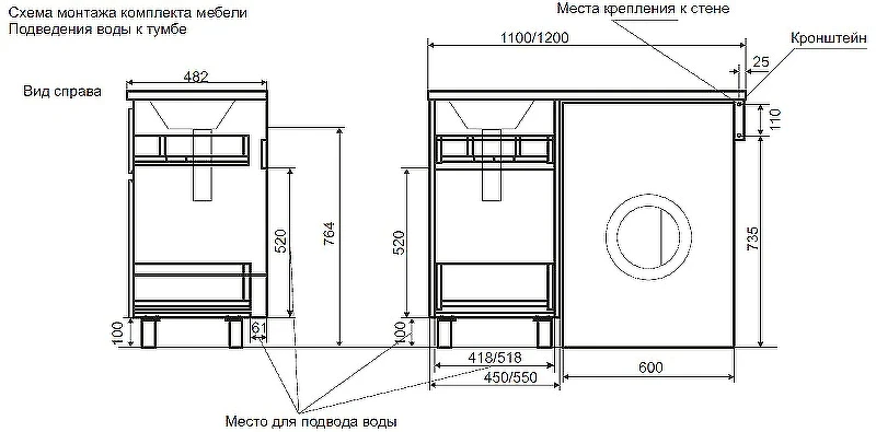 Тумба с раковиной Creto Cafor 110 R 19-W110R Белый глянец МДФ / ЛДСП
