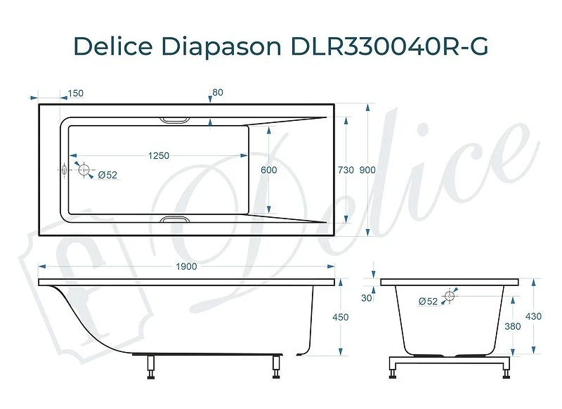 Ванна из искусственного камня Delice Diapason 190х90 DLR330040R-G цвет Белый глянцевый с ручками Хром