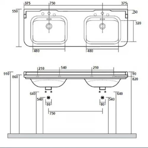 Раковина Kerasan Waldorf 150 4143K1bi/cr*3 двойная Белая фарфор подвесная, полувстраиваемая