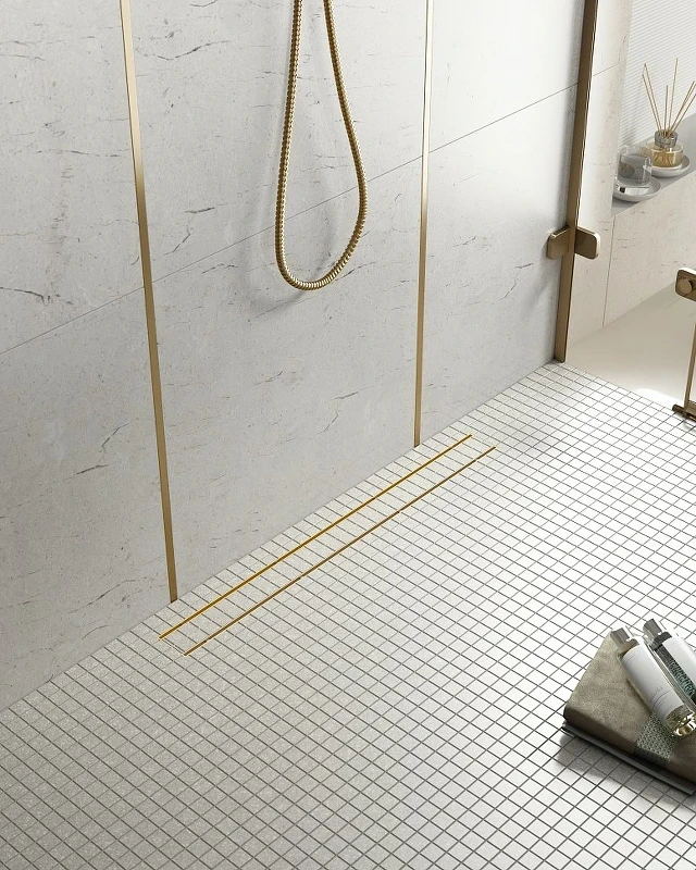 Душевой лоток Timo Drain System 100 DS230210/17 с решеткой Золото матовое / под плитку