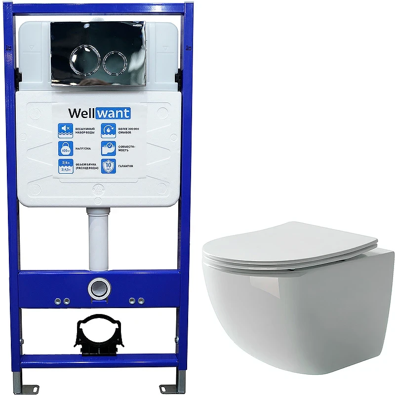 Комплект унитаза Ceramicanova Forma CN3009 с инсталляцией WellWant Standart 50 WWISI1110B с сиденьем Микролифт и клавишей смыва Хром глянцевый фарфор подвесной