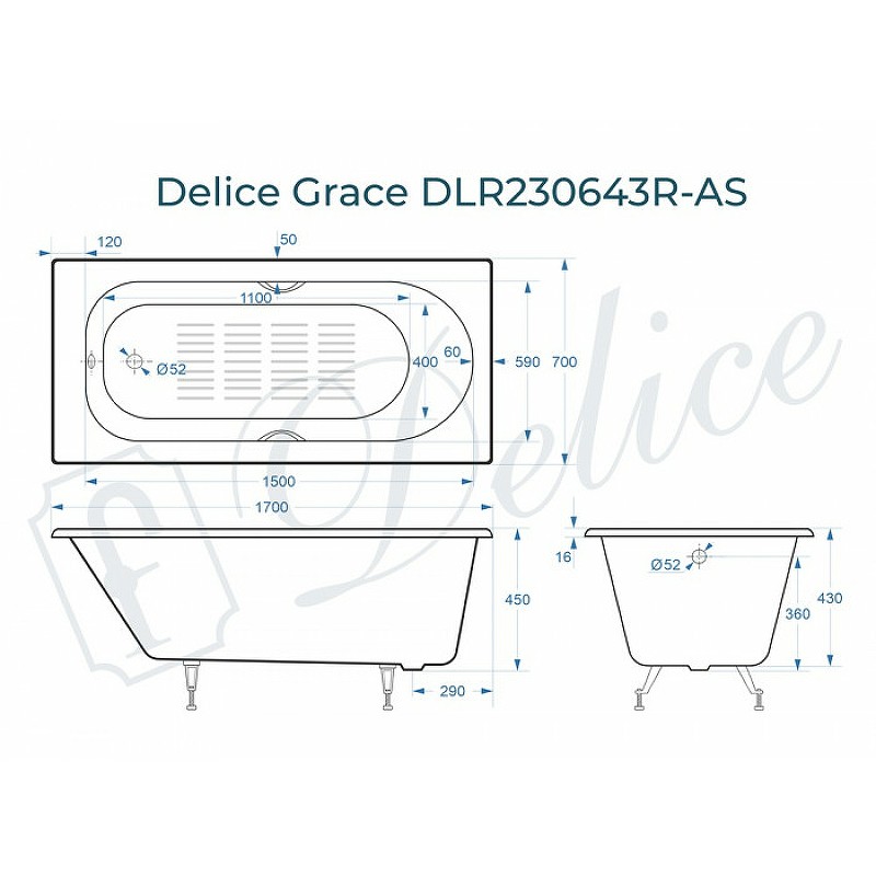 Чугунная ванна Delice Grace 170x70 DLR230643R-AS с отверстиями под ручки с антискользящим покрытием