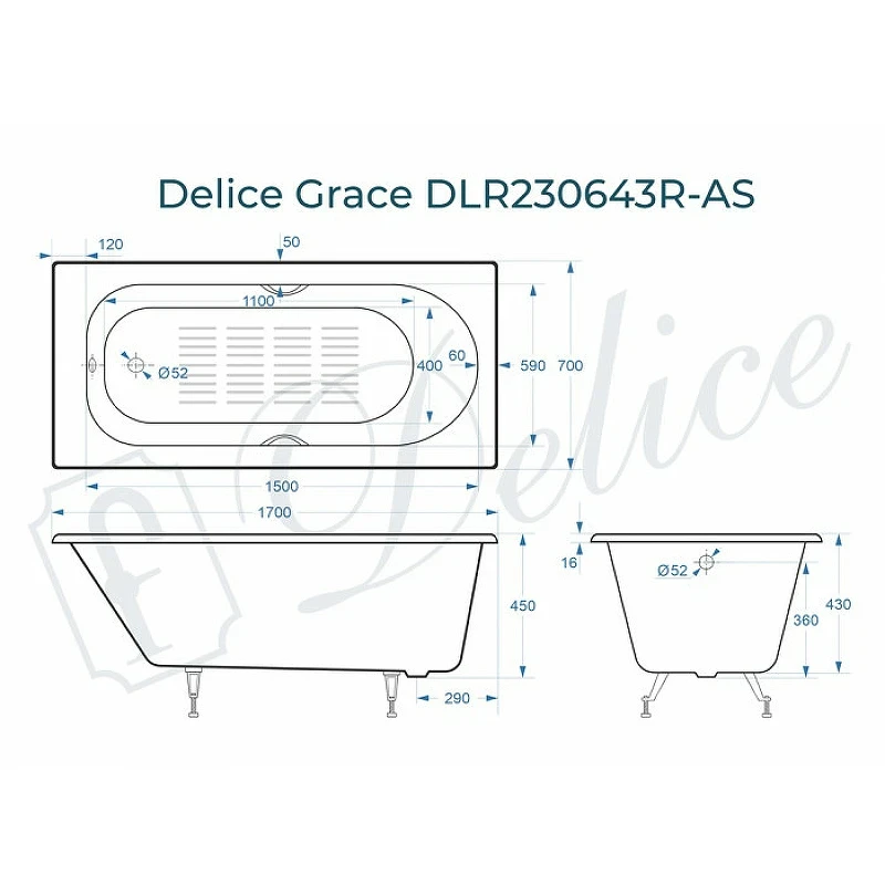 Чугунная ванна Delice Grace 170x70 DLR230643R-AS с отверстиями под ручки с антискользящим покрытием