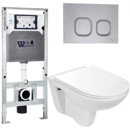 Комплект унитаза с инсталляцией WeltWasser AMBERG 506 ST + BAARBACH 004 GL-WT + AMBERG RD-CR 10000006856 цвет Белый глянцевый с сиденьем Микролифт и клавишей смыва цвет Хром