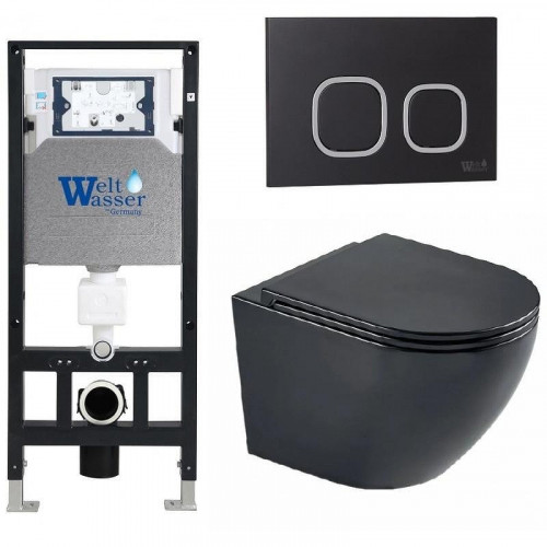 Комплект унитаза с инсталляцией WeltWasser AMBERG 506 + MERZBACH 043 MT-BL + AMBERG RD-BL 10000011340 цвет Черный матовый с сиденьем Микролифт и клавишей смыва цвет Черный