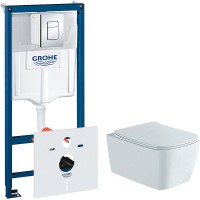 Комплект унитаза Aquatek Либра New AQ1148N-00 с инсталляцией Grohe Rapid SL 38775001 с сиденьем Микролифт и клавишей смыва Хром фарфор подвесной