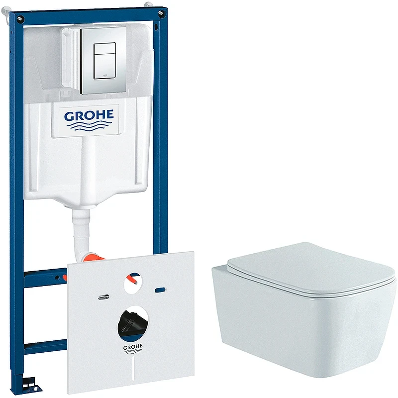 Комплект унитаза Aquatek Либра New AQ1148N-00 с инсталляцией Grohe Rapid SL 38775001 с сиденьем Микролифт и клавишей смыва Хром фарфор подвесной