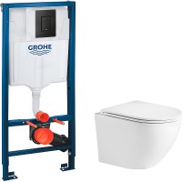 Комплект унитаза WeltWasser Merzbach 043 GL-WT 10000009939 с инсталляцией Grohe Rapid SL 38811KF0 с сиденьем Микролифт и Черной матовой клавишей смыва фаянс подвесной
