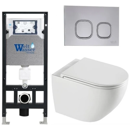 Комплект унитаза с инсталляцией WeltWasser AMBERG 506 + MERZBACH 043 XL GL-WT + AMBERG RD-CR 10000013777 цвет Белый глянцевый с сиденьем Микролифт и клавишей смыва цвет Хром