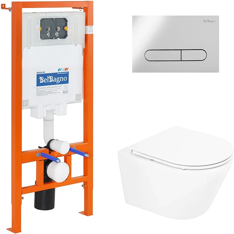 Комплект унитаза с инсталляцией BelBagno Tre BB8001CHR/SC/BB002-80/BB005-PR-CHROME с сиденьем Микролифт и клавишей смыва Хром глянцевый фаянс подвесной