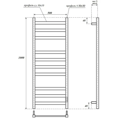 Электрический полотенцесушитель Point Меркурий PN83850B П10 500x1000 диммер справа Черный