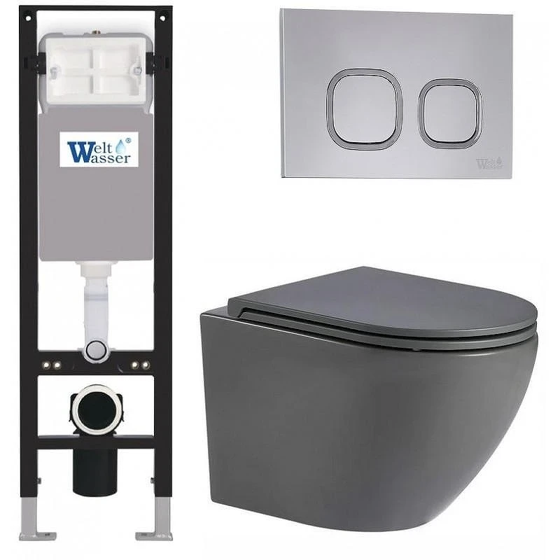 Комплект унитаза с инсталляцией WeltWasser AMBERG 350 + MERZBACH 043 MT-GR + AMBERG RD-CR 10000012385 цвет Серый матовый с сиденьем Микролифт и клавишей смыва цвет Хром
