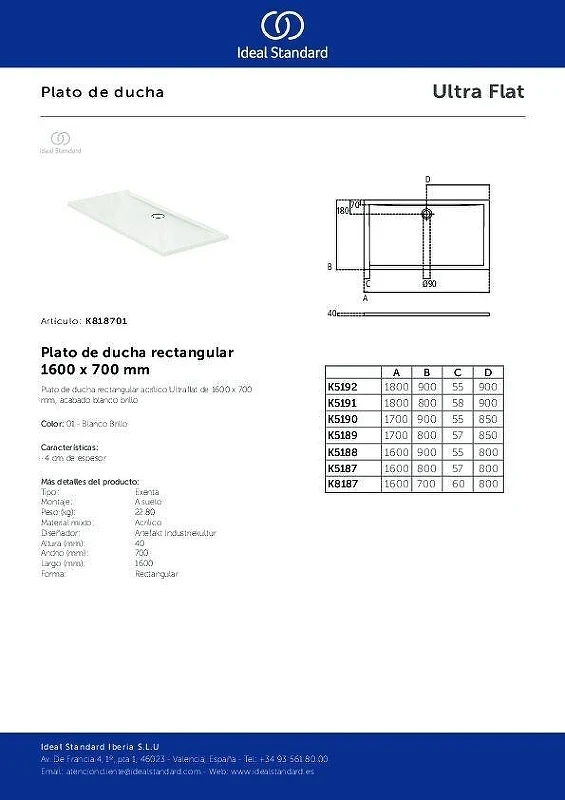 Акриловый поддон для душа Ideal Standard Ultraflat 160X70 K818701 цвет Euro White / Евробелый