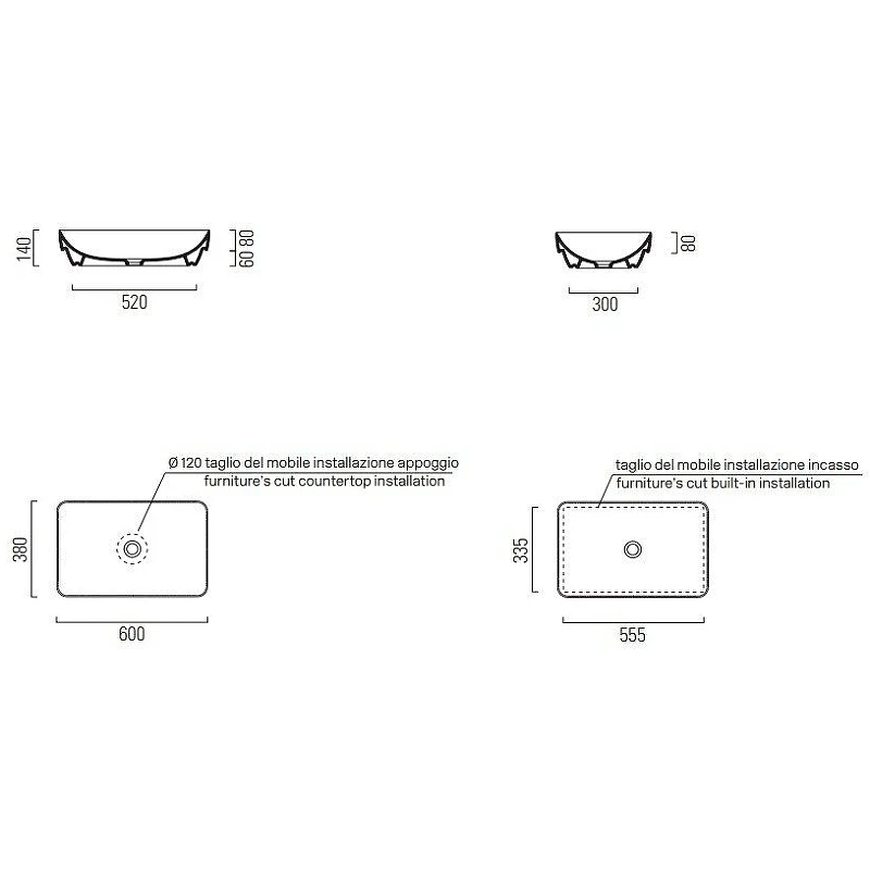 Раковина GSI Pura 60 883709 Белая матовая фаянс накладная, полувстраиваемая