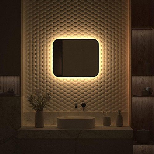 Зеркало Defesto Aura 60х50 DF 2973RH с подсветкой 19W-3000K/ИК - выключатель/Теплый белый свет/Черная рама