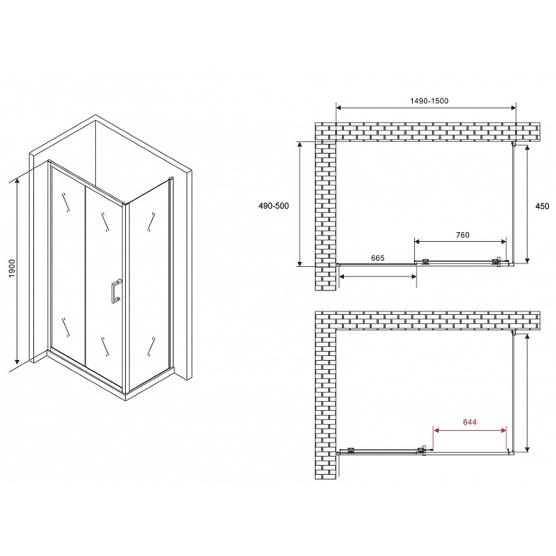 Душевой уголок Abber Schwarzer Diamant 150x50 AG301505-S505 профиль Хром стекло прозрачное