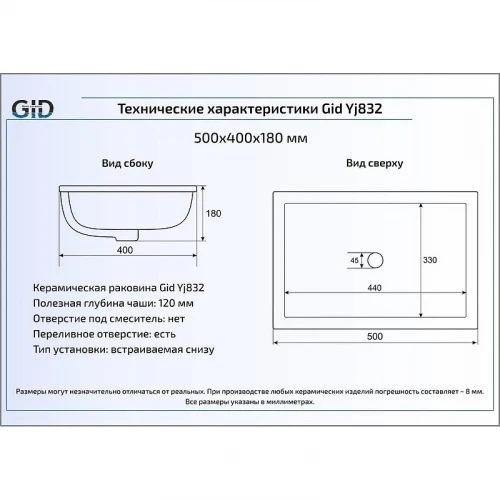 Раковина Gid Integrado 50 Yj832 71152 цвет Белый