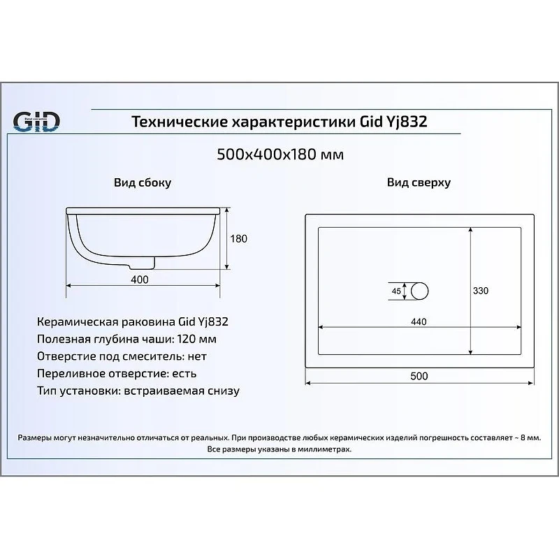 Раковина Gid Integrado 50 Yj832 71152 цвет Белый