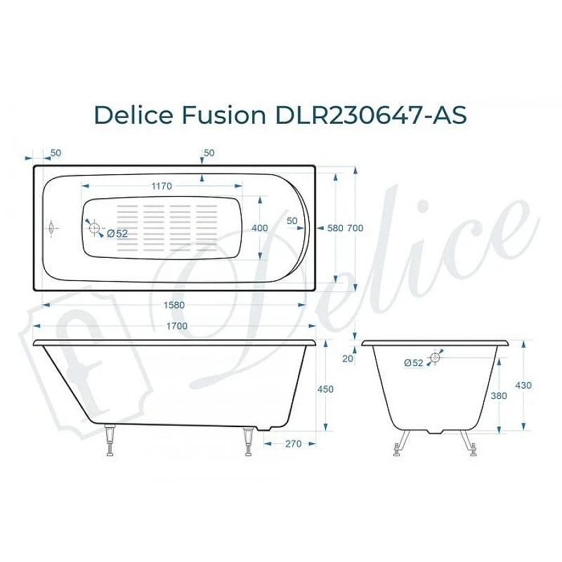 Чугунная ванна Delice Fusion 170х70 DLR230647-AS цвет Белый без отверстий под ручки с антискользящим покрытием