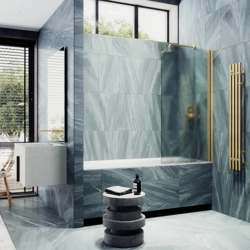 Шторка на ванну Maybah Glass MGV-610-3 500x1400 поворотная на монопетле Золото стекло сатиновое