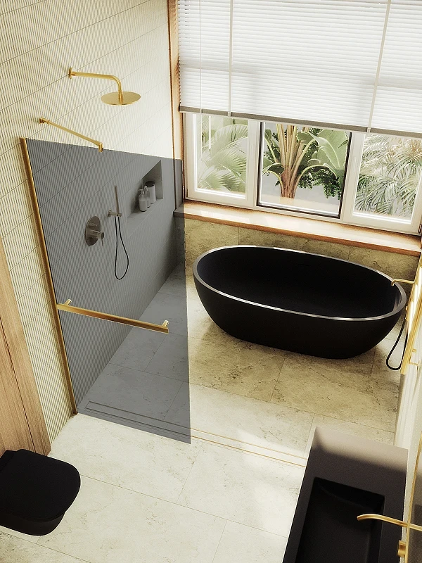 Душевая перегородка Maybah Glass MGD-723-3ш 690x1950 в широком профиле Золото стекло графитовое