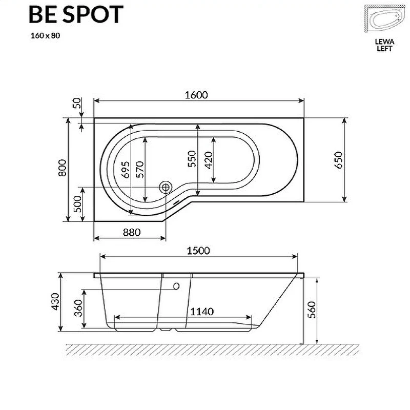 Акриловая ванна Excellent Be Spot 160x80 L WAEX.BSL16WH без гидромассажа