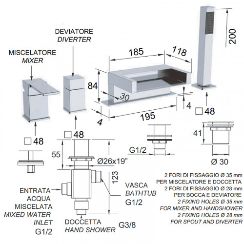 Смеситель на борт ванны Remer Qubica Cascata QC06 Хром