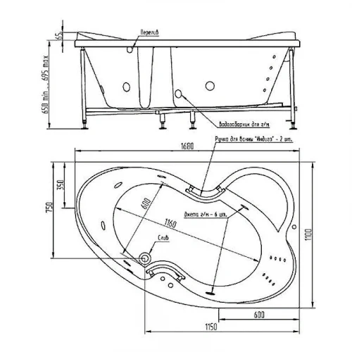 Акриловая ванна BellSan Индиго 168x110 L 4627171531278 с гидромассажем