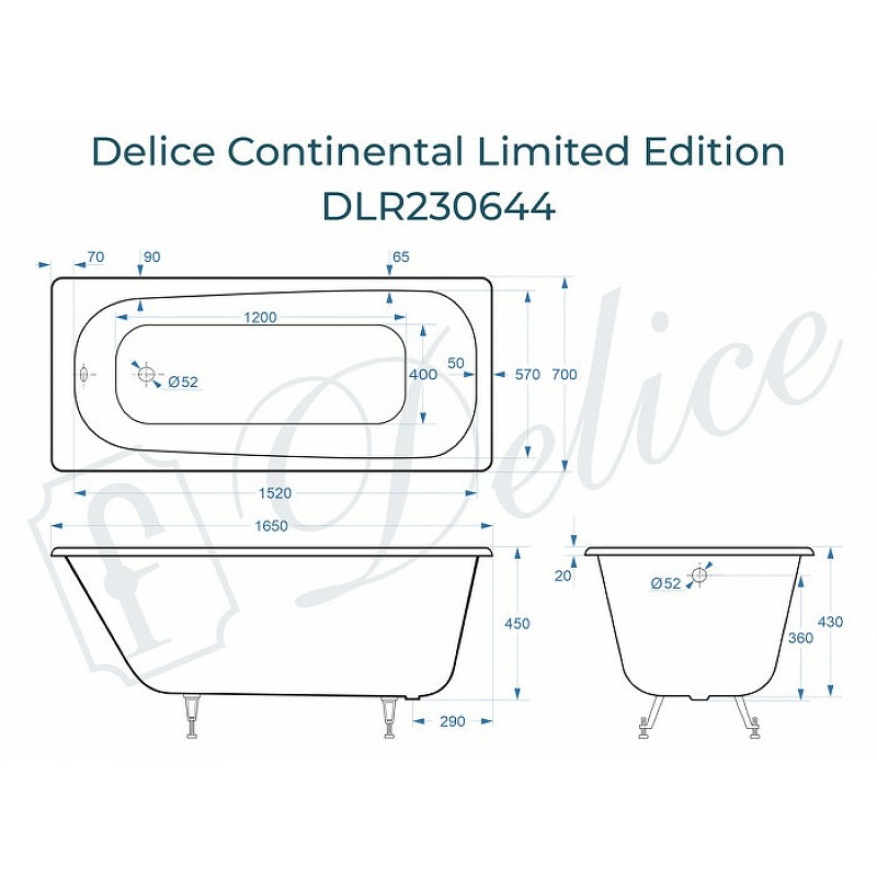 Чугунная ванна Delice Continental Limited Edition 165x70 DLR230644 без отверстий под ручки и антискользящего покрытия