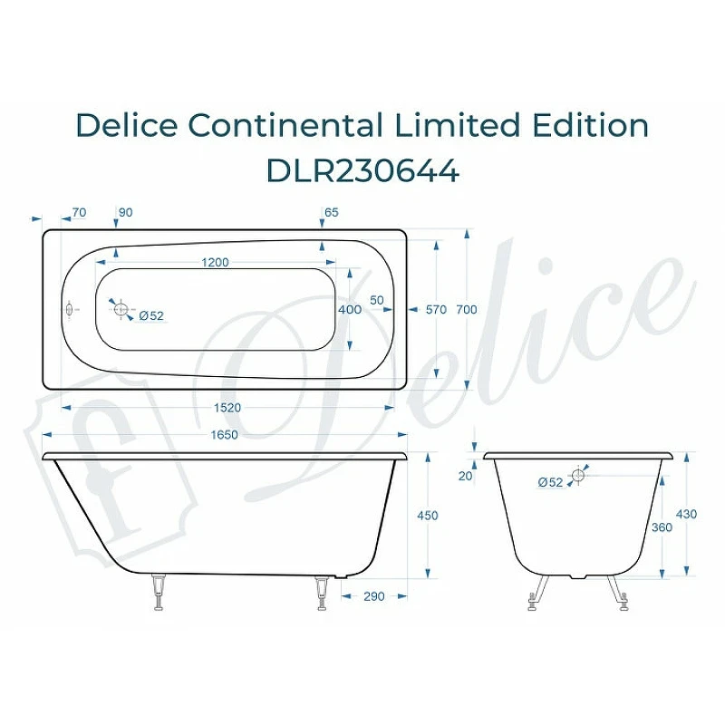 Чугунная ванна Delice Continental Limited Edition 165x70 DLR230644 без отверстий под ручки и антискользящего покрытия