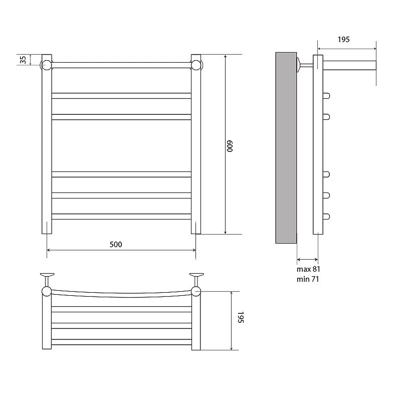 Водяной полотенцесушитель Melodia della vita Shelf Eco 50х60 П5 MTRSO5060 с полкой Полированная сталь