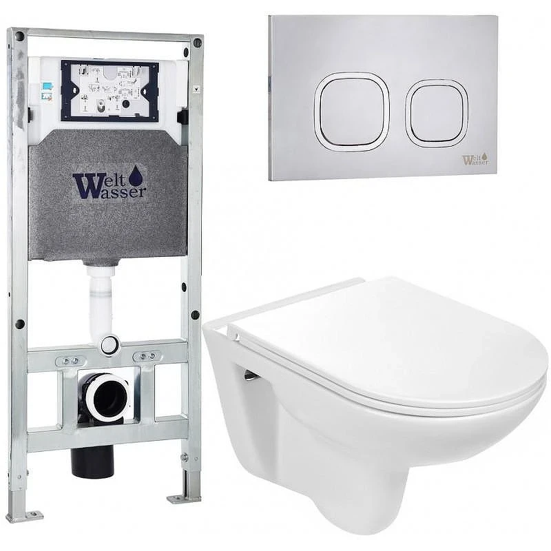 Комплект унитаза с инсталляцией WeltWasser AMBERG 506 ST + BAARBACH 004 GL-WT + AMBERG RD-MT CR 10000006857 цвет Белый глянцевый с сиденьем Микролифт и клавишей смыва цвет Хром матовый