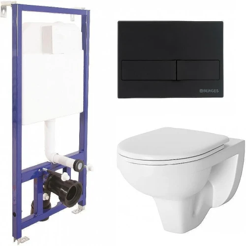 Унитаз с инсталляцией Damixa Jupiter DX77C1738SC + Berges Novum L5 040215 с сиденьем Микролифт и Черной матовой клавишей смыва