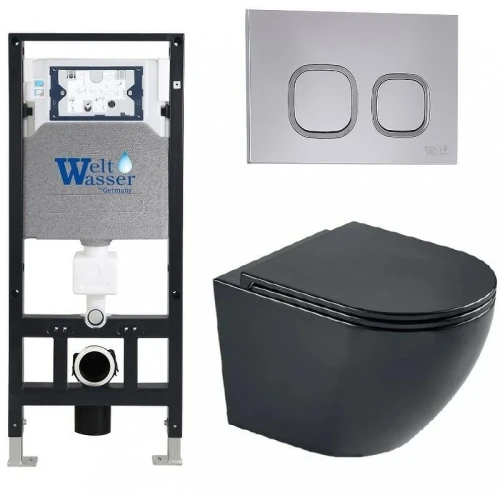 Комплект унитаза с инсталляцией WeltWasser AMBERG 506 + MERZBACH 043 MT-BL + AMBERG RD-CR 10000011341 цвет Черный матовый с сиденьем Микролифт и клавишей смыва цвет Хром