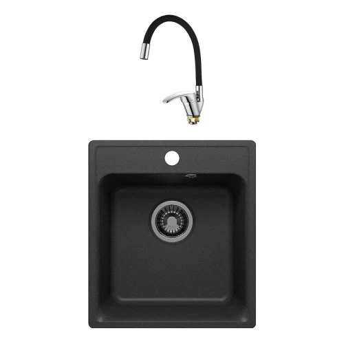 Кухонная мойка Reflexion Quadra 43 RF0243BL Черная со смесителем Viko V-3224 Хром Черный