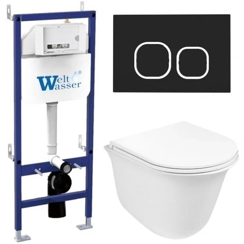 Комплект унитаза с инсталляцией WeltWasser BAMBERG 460 + TELBACH 004 GL-WT + BAMBERG BL 10000012951 цвет Белый глянцевый с сиденьем Микролифт и клавишей смыва цвет Черный