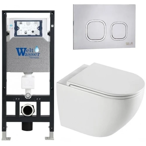 Комплект унитаза с инсталляцией WeltWasser AMBERG 506 + MERZBACH 043 XL GL-WT + AMBERG RD-MT CR 10000013778 цвет Белый глянцевый с сиденьем Микролифт и клавишей смыва цвет Хром матовый