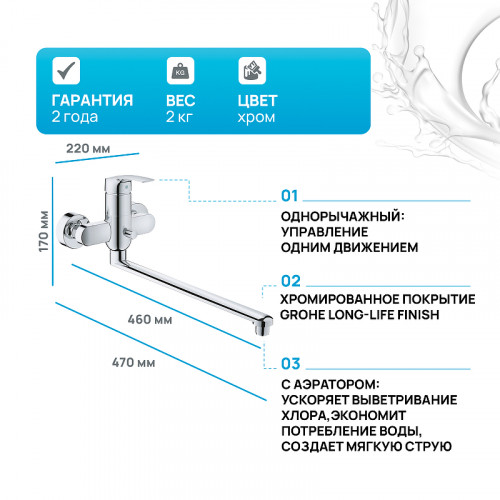 Смеситель для ванны Grohe Eurosmart 23992003 универсальный Хром латунь на стену