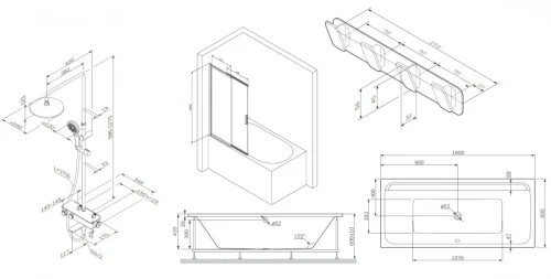 Комплект акриловой ванны AM.PM Inspire V2.0 180x80 WK52EB без гидромассажа с душевой системой со шторкой и аксессуарами