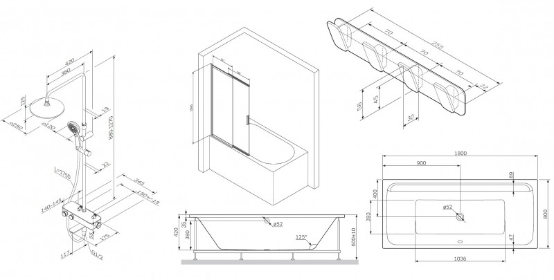Комплект акриловой ванны AM.PM Inspire V2.0 180x80 WK52EB без гидромассажа с душевой системой со шторкой и аксессуарами