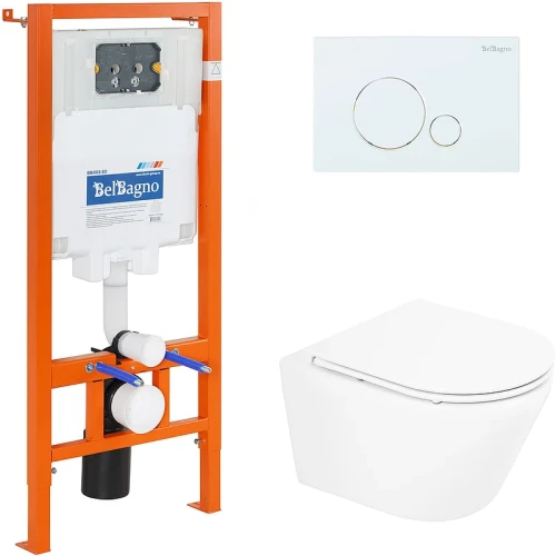 Комплект унитаза с инсталляцией BelBagno Tre BB8001CHR/SC/BB002-80/BB014-SR-BIANCO с сиденьем Микролифт и Белой клавишей смыва фаянс подвесной