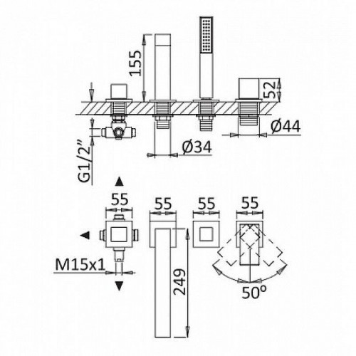Смеситель на борт ванны Cezares PORTA-BVDM4-NOP Черный матовый