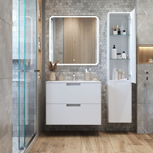 Шкаф пенал Creto Bravo 35 22-BrW35 подвесной с бельевой корзиной Белый глянцевый МДФ / ЛДСП