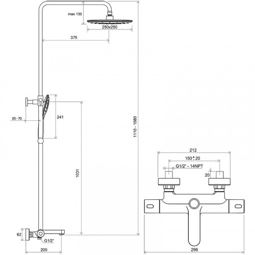 Душевая система Ravak Termo 300 TE 092.20BL X070444 с термостатом Черная латунь на стену